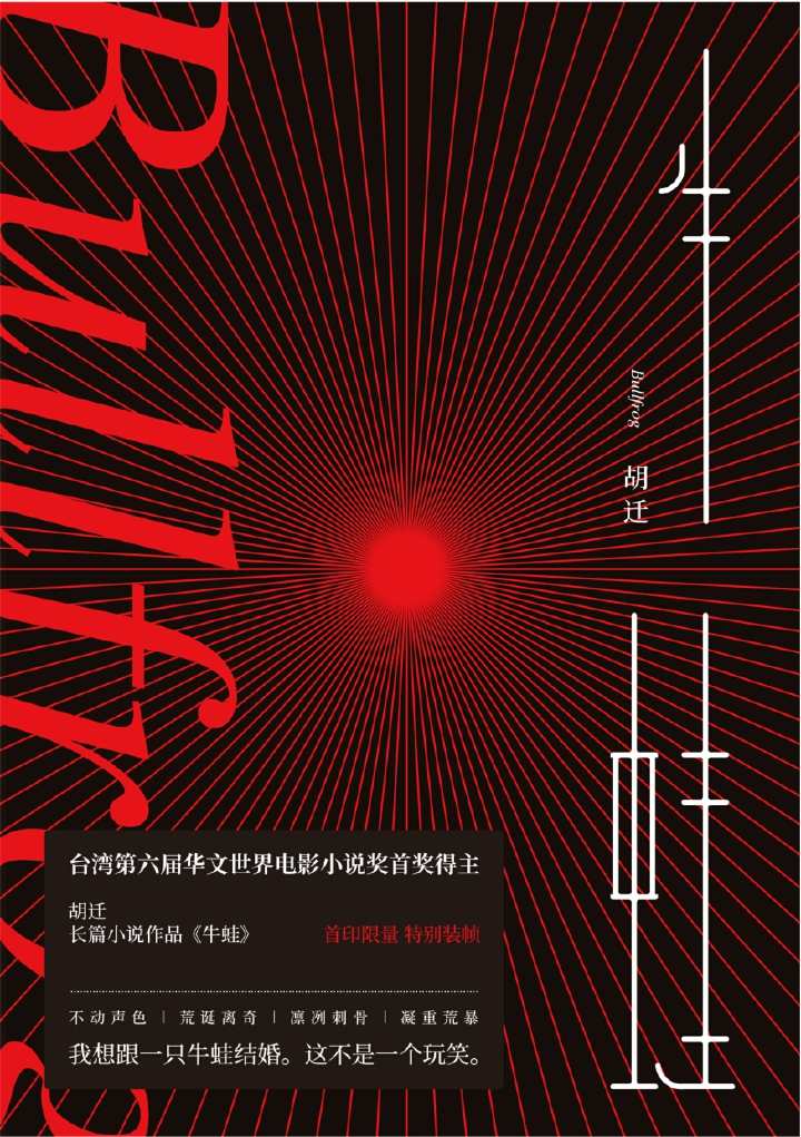牛蛙：华语世界诸多名家力荐，台湾第六届华文世界电影小说奖首奖得主胡迁；万物皆有裂痕，那是光进来的地方—— 以黑马之姿冲进文坛，《大裂》之后长篇力作。